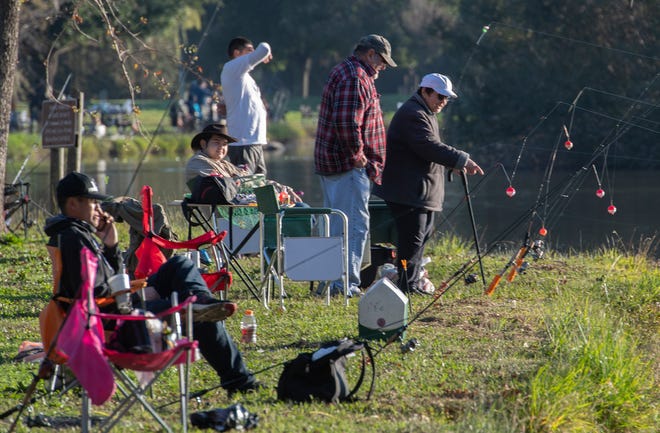 Hundreds of people participate in the annual Trout Bout fishing derby hosted by San Joaquin County Parks and Recreation and the Delta Fly Fishers at Oak Grove Regional Park in Stockton. More than 2,500 lbs of trout were stock in the park's 10-acre lake prior to the event which featured prizes for both adults and children.