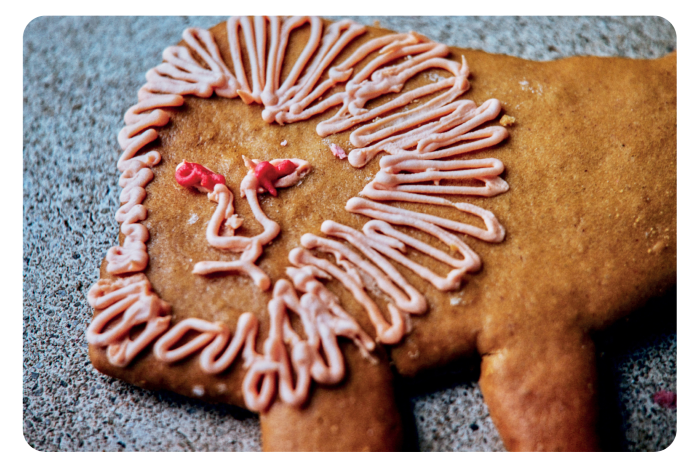 A biscuit with a lion’s mane and face piped on in pink icing