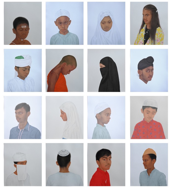 Sixteen headshots of modern Indian men and women are arrayed in square frames