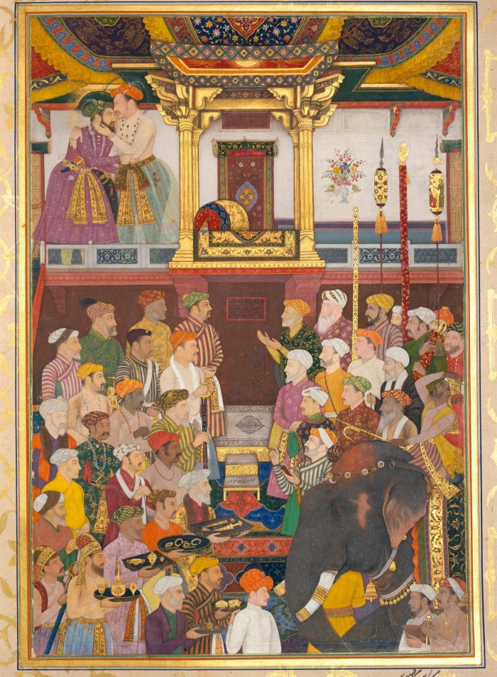 A scene from an Indian royal court where men in turbans arrive and greet other men