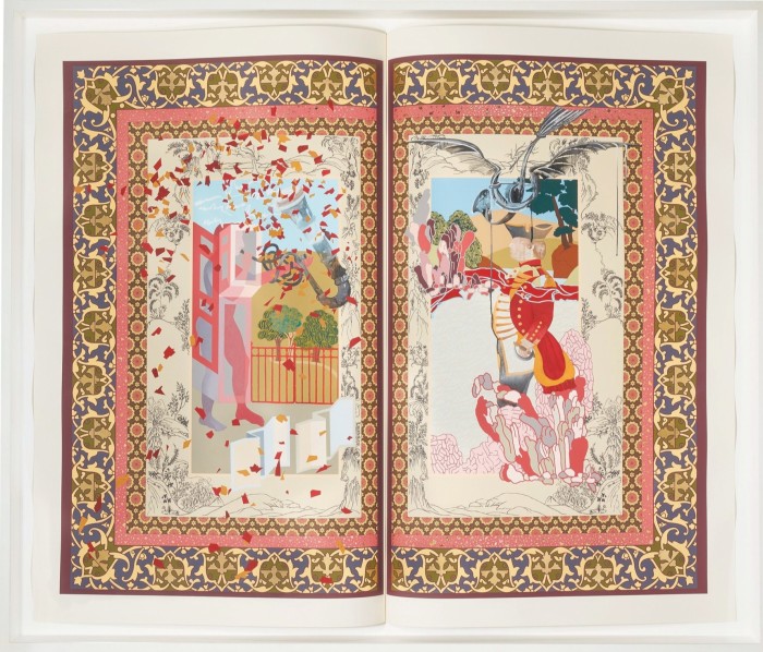 A pictorial book is laid open to show two pages with south Asian-style decorative borders, and images of a saxophone, a tree, a gate and a red coat British soldier