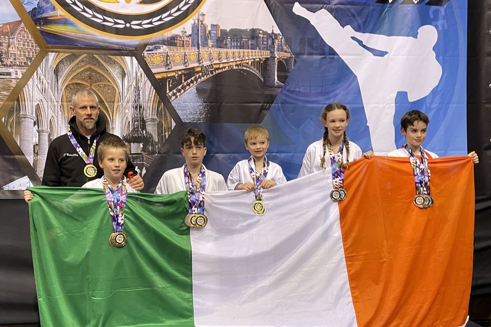 All Kerry competitors pictured together on the podium after competing in the WKA European Karate Championships held in Belgium last Friday.