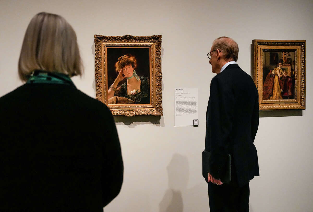 Helga Aurisch, Curator, European Art and Gary Tinterow, Director of MFAH look at paintings inside of the Rembrandt to Van Gogh: Masterpieces from the Armand Hammer Collection opening at the Museum of Fine Arts Houston on Thursday, Oct. 12, 2023, in Houston.