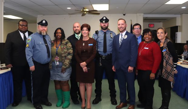 At the ceremony at Collingdale Borough Hall on Monday night promoting two officers to sergeant and the hiring of a new officer are, from left, Councilman Ryan Hastings, new Sgt. Patrick Crozier, Councilwoman Stacy Calhoun, interim Police Chief Patrick Kilroy, Mayor Donna Matteo-Spadea, new Sgt. Donald Beese, new Officer Steven Worrell, Council President Stephen Zane, Councilwoman Lisa Jones and Councilwoman Shannon Murphy. (COURTESY OF JOY WINNER)