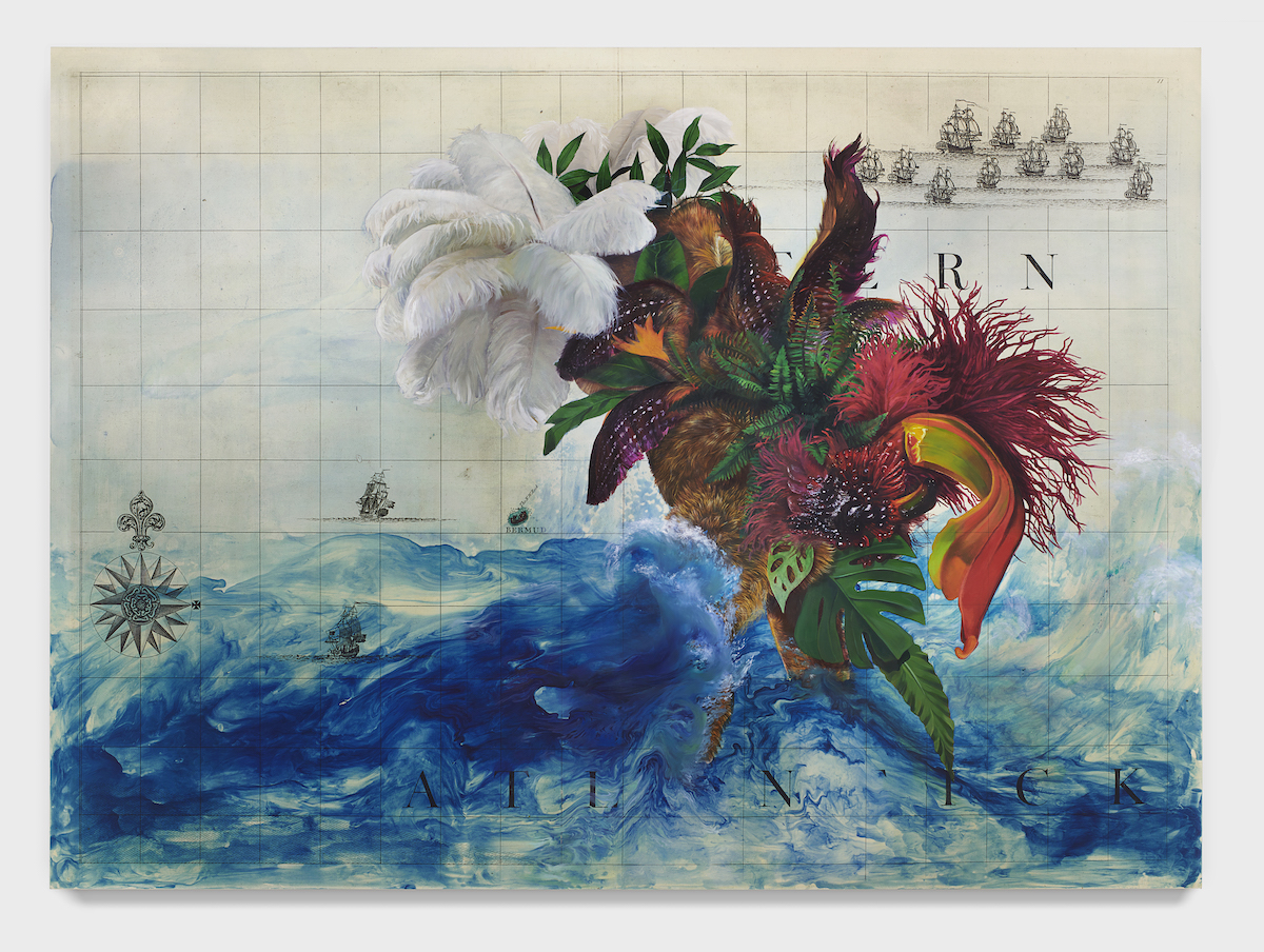 A painting of a grid superimposed with blue brushstrokes, a blooming and abstracted flower, and a fleet of ships.