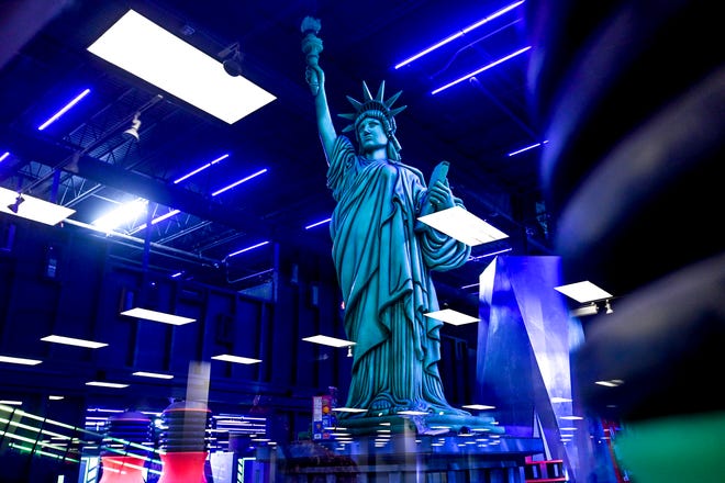 A model of the Statue of Liberty in the New York-themed laser tag area at Zap Zone XL on Wednesday, Nov. 8, 2023, at the Lansing Mall.