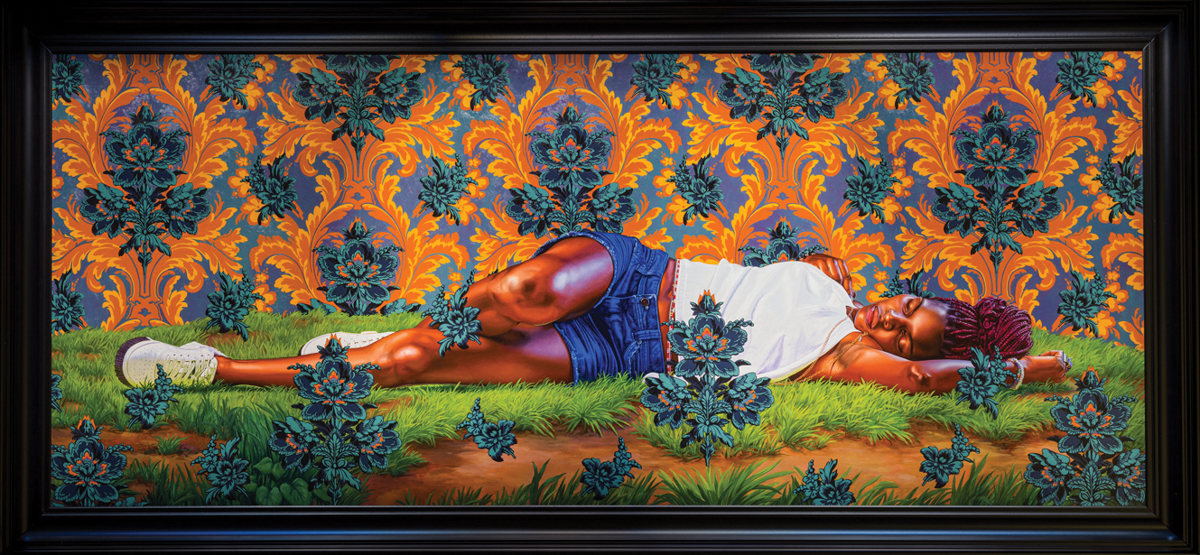 A realistic painting of a Black woman lying in the grass. Her white short and sneakers are pristine, and intricate foliage turns into a wallpaper-like pattern behind and in front of her. The painting is jewel-toned. It's unclear if she is sleeping or slain/