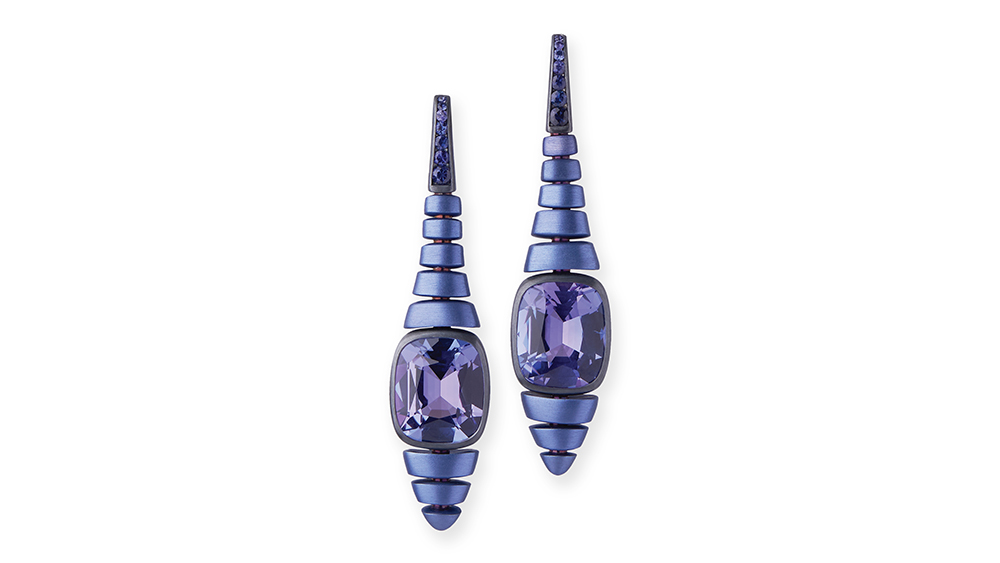 Hemmerle earrings with tanzanites and sapphires set in aluminum, silver, and white gold.