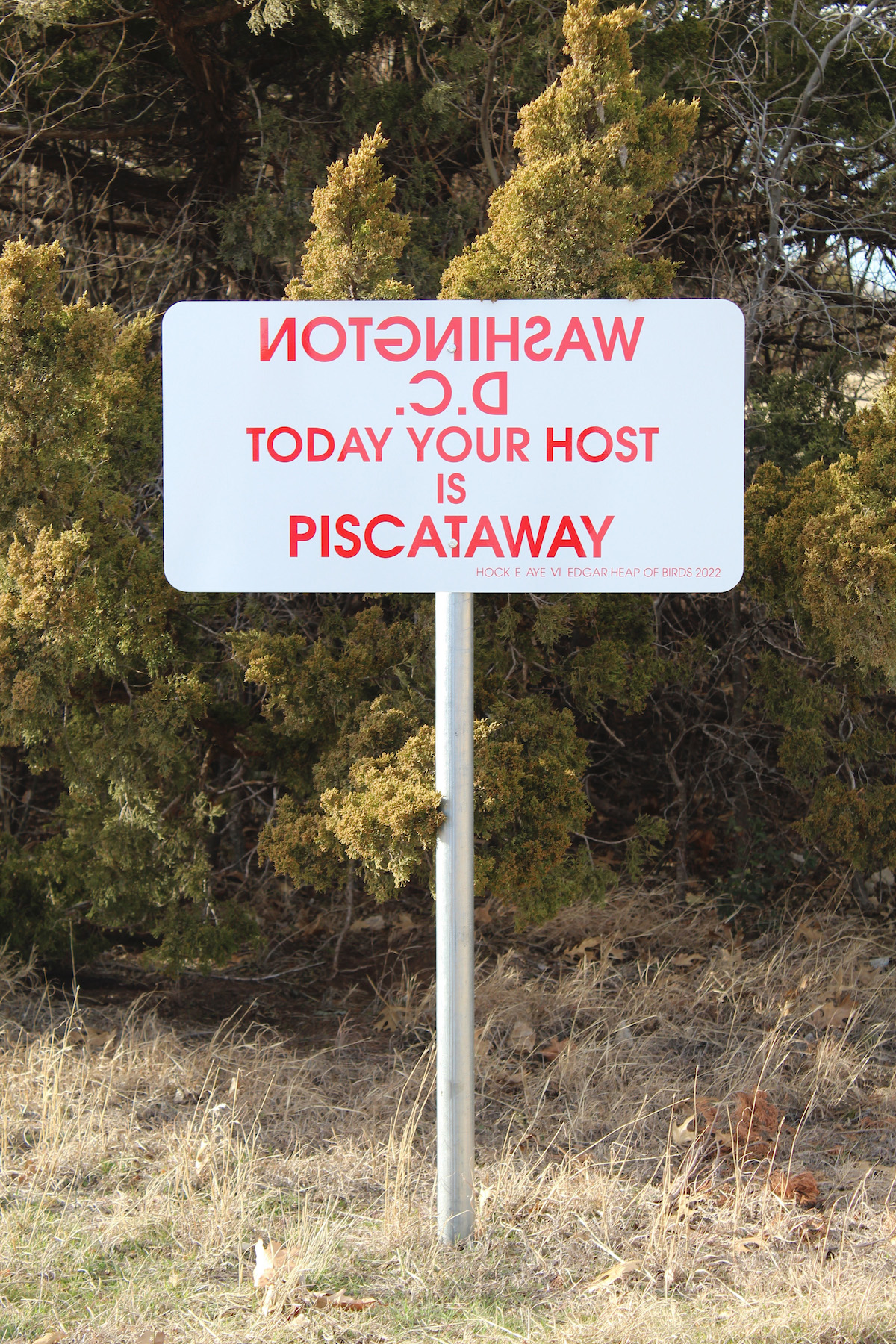 A sign that reads 'WASHINGTON D.C. TODAY YOUR HOST IS PISCATAWAY,' with the first two words flipped backwards. The sign is set in a patch of dying grass before some trees.