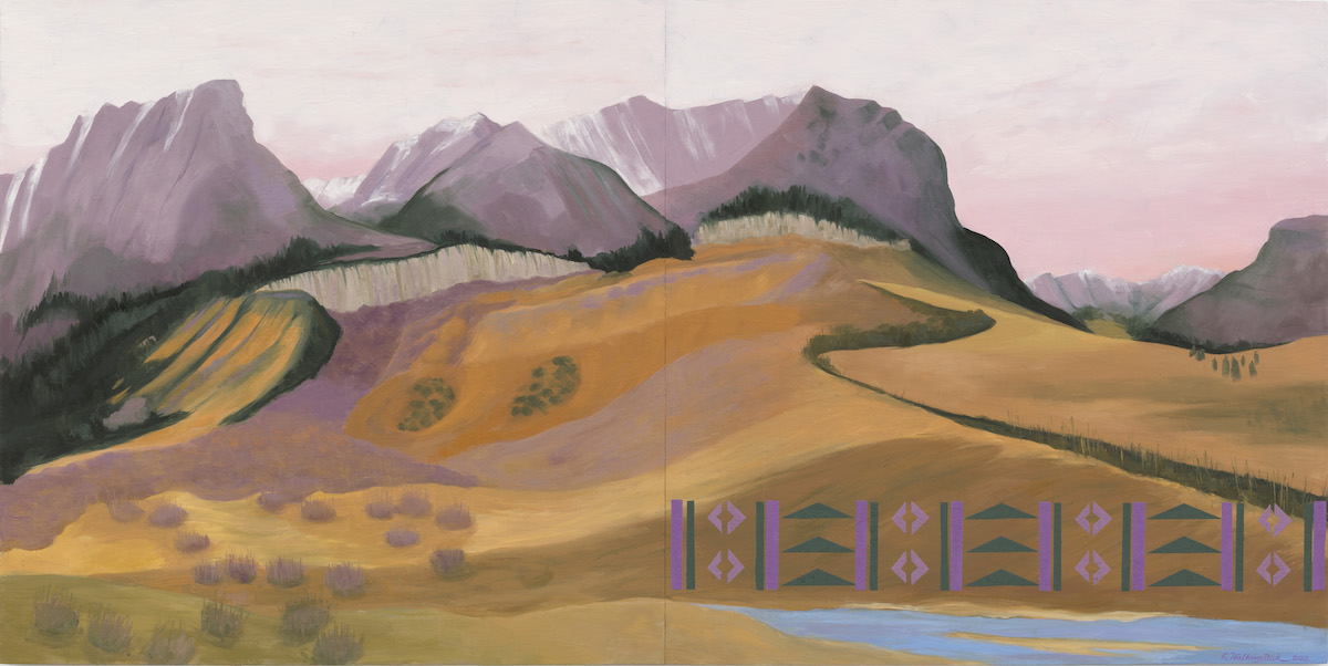 A mountain range in shades of purple and orange with a superimposed pattern in similar colors running over part of its yellow grass.