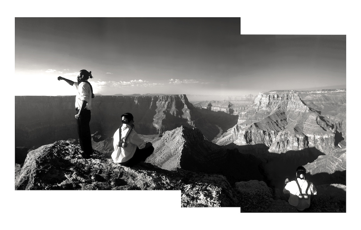 Two black-and-white photographs of a standing man and a seated person looking out over a canyon.