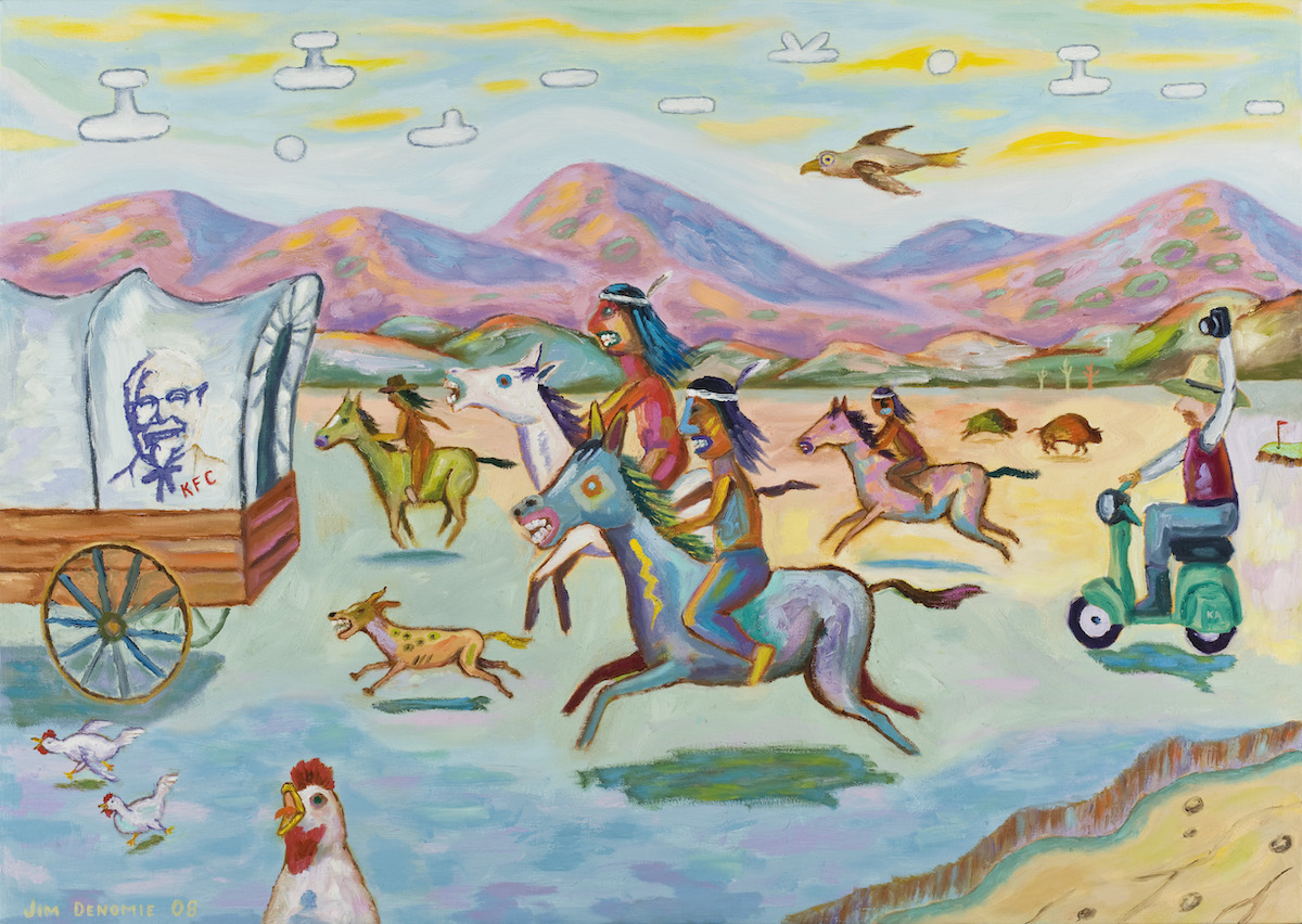 A painting of Native Americans on top of horses charging after a wagon with the KFC logo on its side. Clucking chickens run around the wagon, and a white man on a scooter snaps a picture.