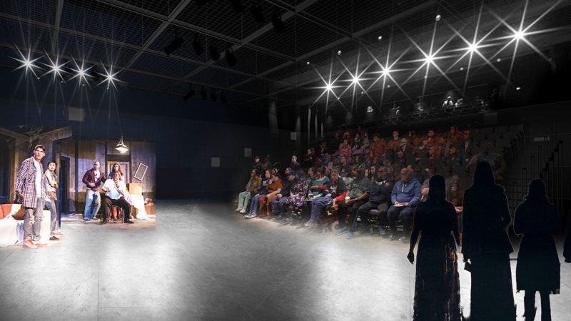 With cutting-edge technologies and flexible seating for 80 to 200, the black box-style Edward J. Ray Theater can be configured for a wide variety of theatre productions, music events and immersive experiences. Artist's rendering courtesy of the Patricia Reser Center for the Arts.