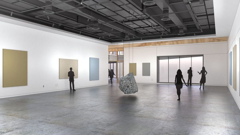 PRAx's art gallery features work of contemporary artists and their multidisciplinary collaborators, as well as the annual Horning exhibition, which focuses on a theme connecting arts, humanities, and science or technology. Artist's rendering courtesy of the Patricia Reser Center for the Arts.