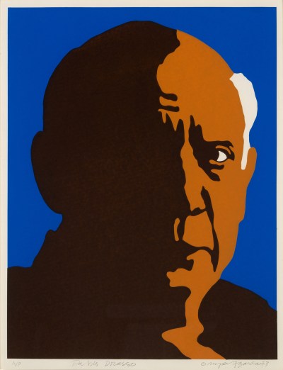 A stylized print showing a man's face cast half in shadow and half in a brownish tone. He appears against a solid blue background.