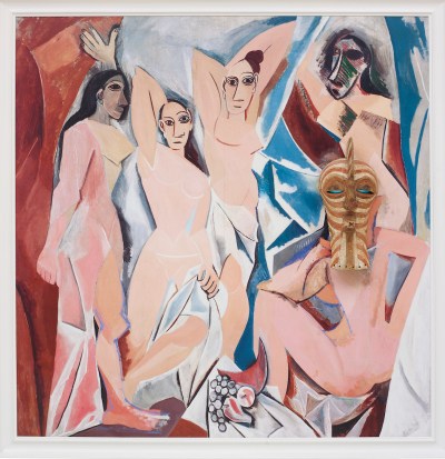 A group of nude figures, with who has a mask for a face.