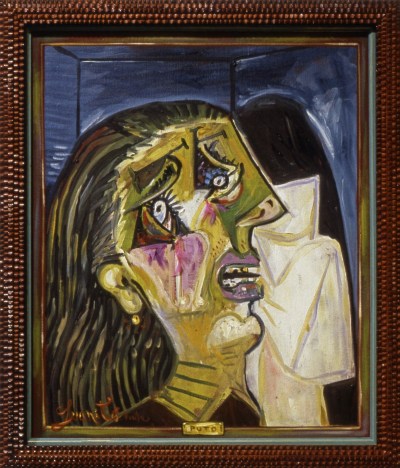 A painting of an abstracted crying woman holding a handkerchief. On the frame, beneath her, is the word 'PUTO.'