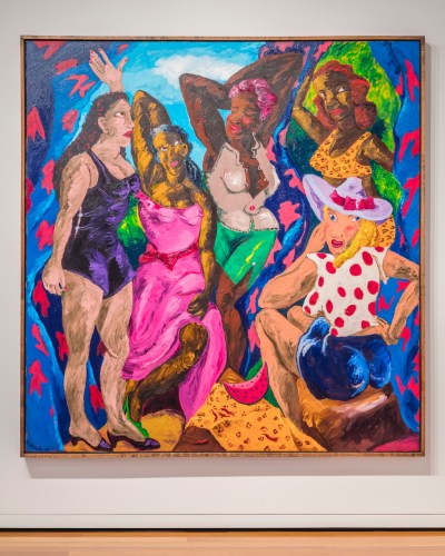 A painting of five buxom women standing amid blue curtaining lined with red splotches. A pink watermelon slice lies on a sheet in front of them.