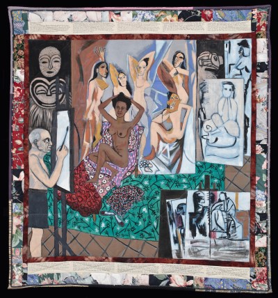 A white man painting five women, one of whom is Black and the others white, who are surounded by an African mask and half-painted images. Above the image is text, and it is bordered quilted patterns.