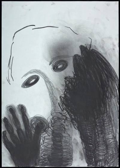A drawing of a partially sketched face cowering beneath its darker hands.