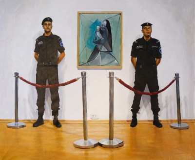 A painting of two armed guards standing behind ropes beside a painting of an abstracted person's head.