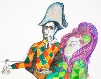 A pencil drawing of a woman in a green checkered shirt with big purple hair sitting beside a harlequin holding a glass at a table.