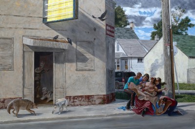 A group of figures holding an abstracted female nude on a sidewalk near a building. Wolf-like dogs loom by its open entrance, beneath a partially dissembled neon sign.