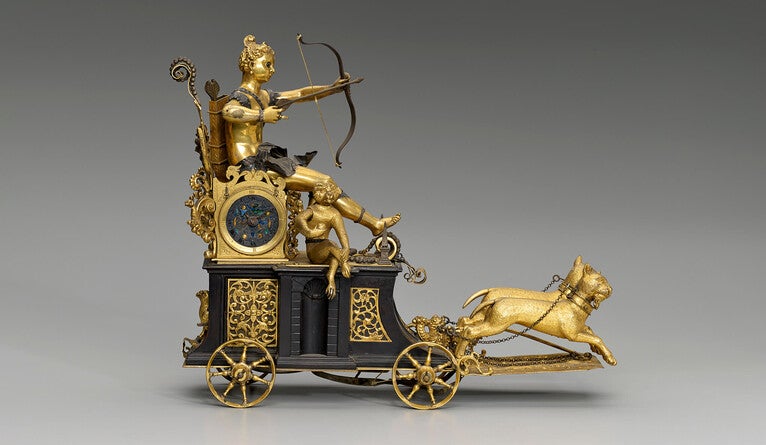 Automaton clock featuring the Goddess Diana on a chariot drawn by two African panthers