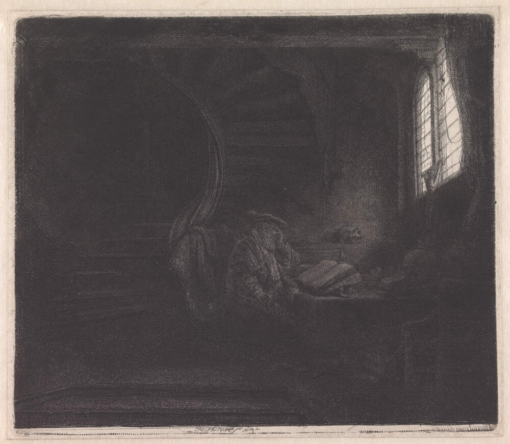 Rembrandt van Rijn, &quot;Saint Jerome in a Dark Chamber,&quot; 1642, etching, drypoint and engraving. (Courtesy Museum Boijmans Van Beuningen, Rotterdam and Worcester Art Museum, photograph by Rik Klein Gotink)