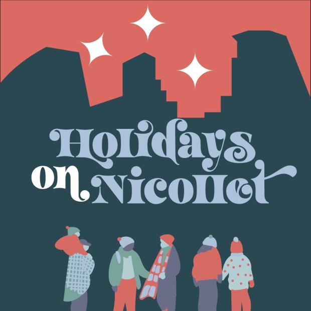 simple promotional graphic showing the silhouette of buildings with 2D icons of people walking in front. "Holidays on Nicollet" is written in a swirly font