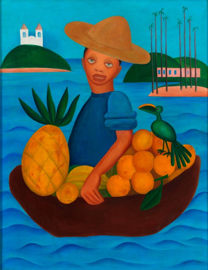 Oil painting of a man in a straw hat sitting in a boat filled with oranges and a pineapple, a parrot perched nearby, on the sea