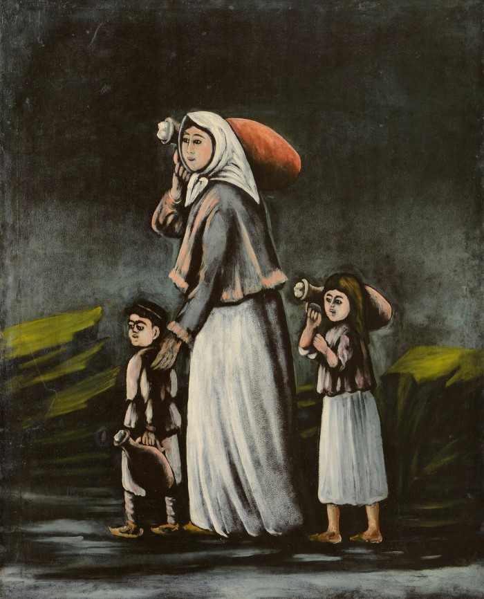 A woman with two children, all holding water vessels