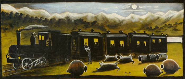 Dead pigs and empty water vessels lie on the ground beside a train