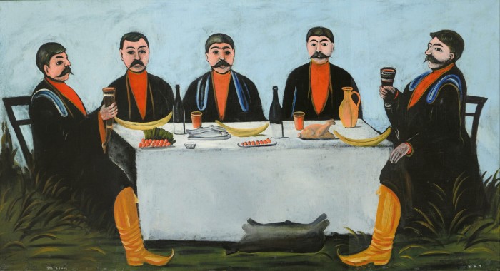 A painting of five men at a table eating
