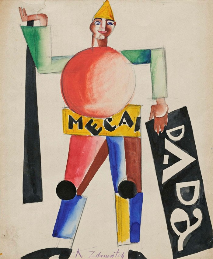 An abstract painting of a man with a yellow cone hat, holding a Dada sign