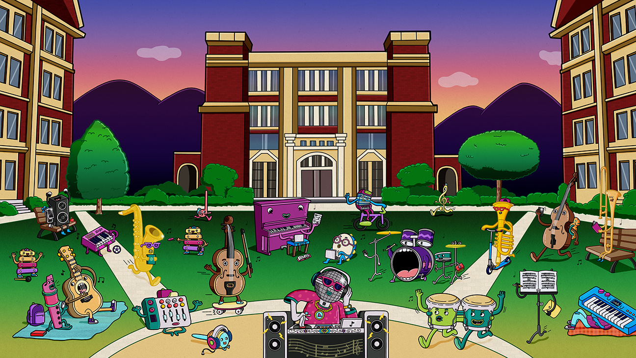 anthropomorphized musical instruments having a part on the lawn in front of a college building