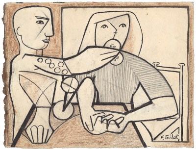 A drawing of a man shoving an apple into the mouth of a woman seated at a table.