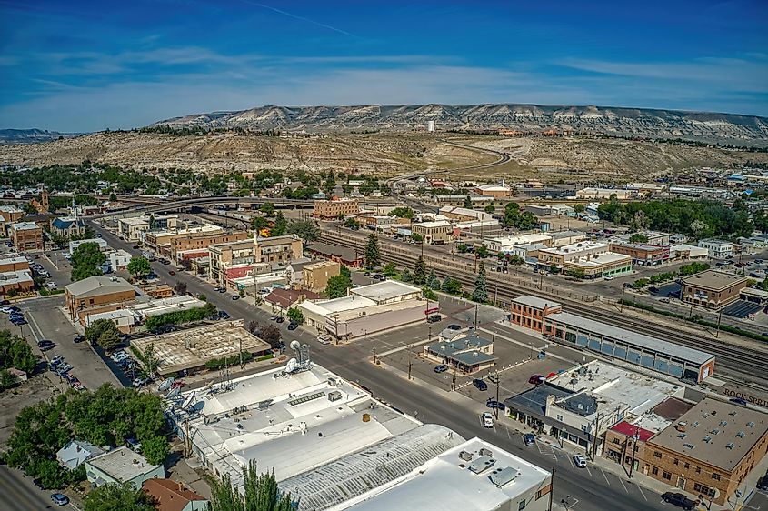 Aerial view of Rock Springs, Wyoming a Stop on a Passenger Train Line