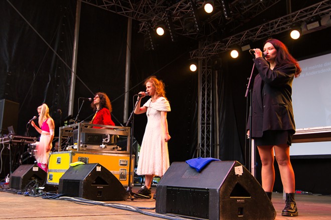 Feminist collective Pussy Riot performs last year during a European festival show. - Wikimedia Commons / Schorle
