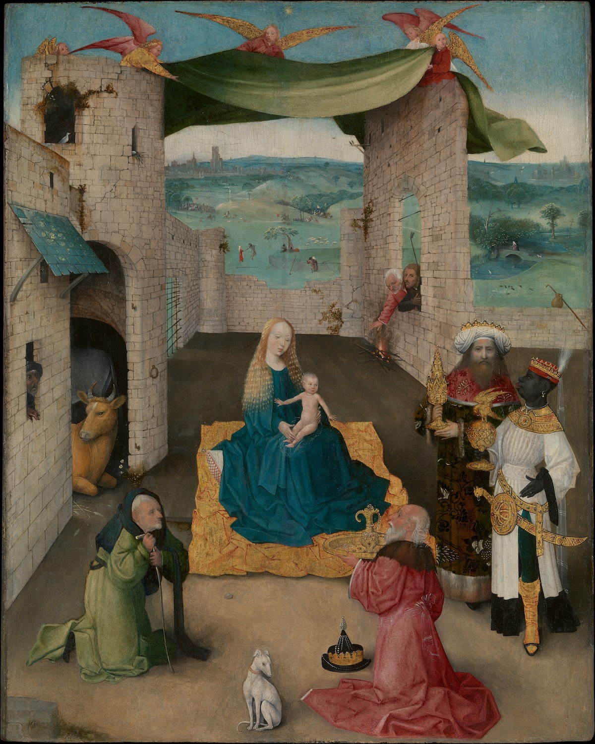 A white Virgin Mary with a baby in her lap seated amid a square of gold. Two white men kneel before her, and a Black king with a gold saber looks on. A dog, a cow, and other animals appear in the open-air structure, and angels bring down a green fabric.