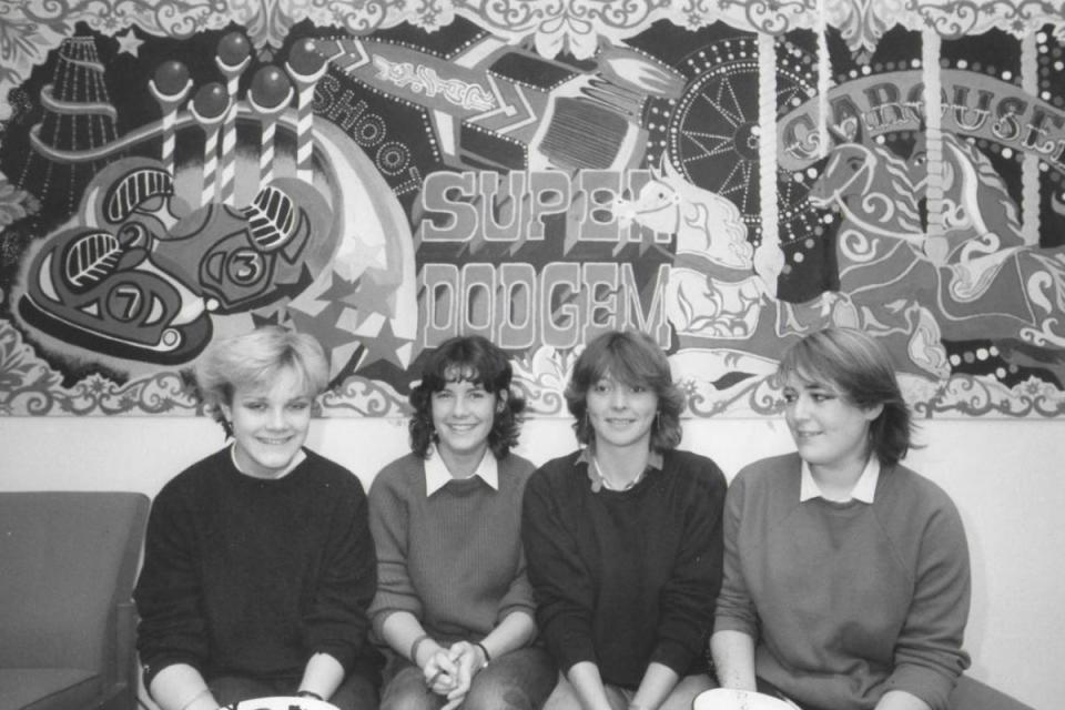 Putting the finishing touches to the mural in 1980 are, left to right, Vicki Withtol, Alison Easton, Jo Dillon and Clair Griffin