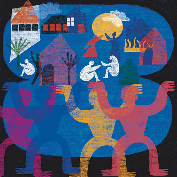 Four larger figures lifting up images of a community with homes, people, trees, sun