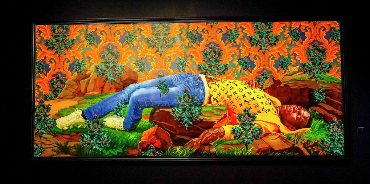"Femme Piquée par un Serpent" (Mamadou Gueye), 2022, oil on canvas by Kehinde Wiley, the artist behind President Barack Obama's famous verdant portrait, part of "An Archeology of Silence" at Museum of Fine Arts, Houston on Tuesday, Nov. 14, 2023, in Houston.