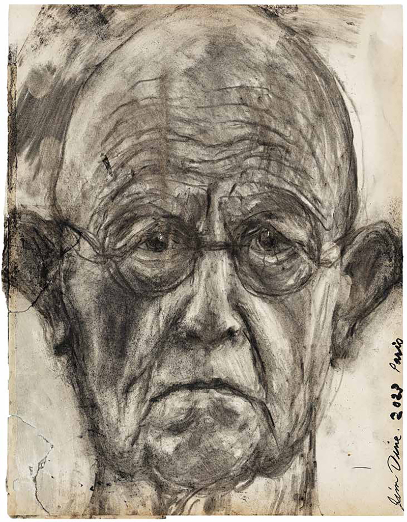 Self-Portrait, 2023, charcoal on paper, 11 1/4 x 11 1/8 in. (28.5 x 22 cm). Bowdoin College Museum of Art, Gift of the Jim Dine Art Trust.