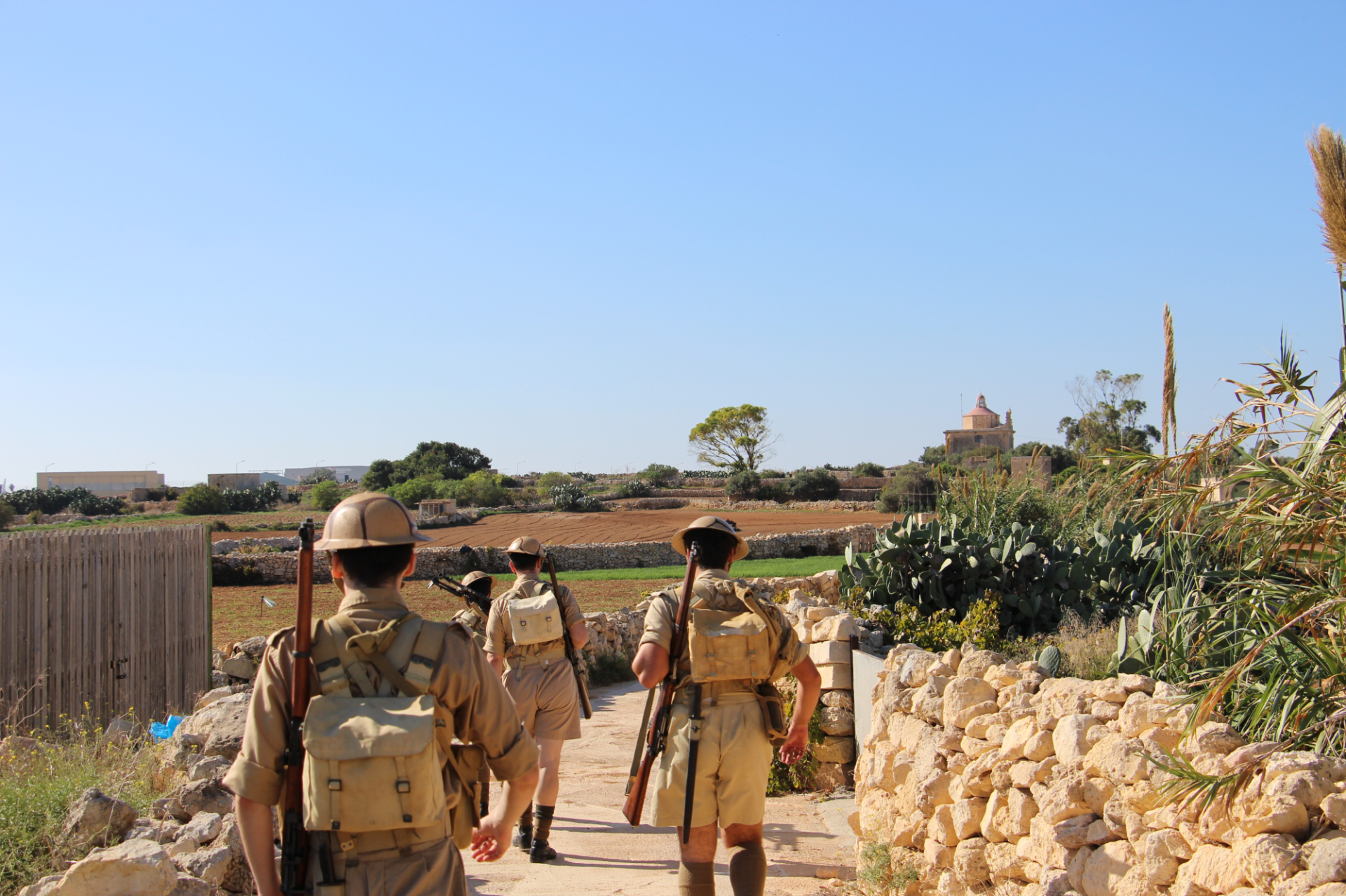 Battlefront Malta re-enactors walking along Gudja&rsquo;s countryside paths towards Ta&rsquo; Loretu. Photo: Battlefront Malta