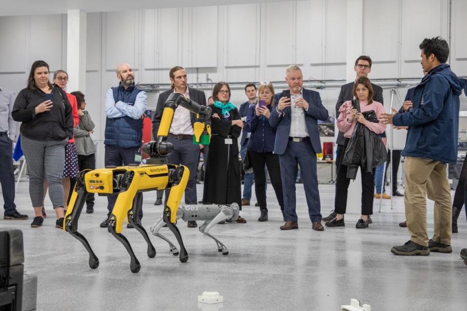 Robots SPOT and GO1 entertaining guests in new OAS building extension. <i>(Image: UK Atomic Energy Authority)</i>