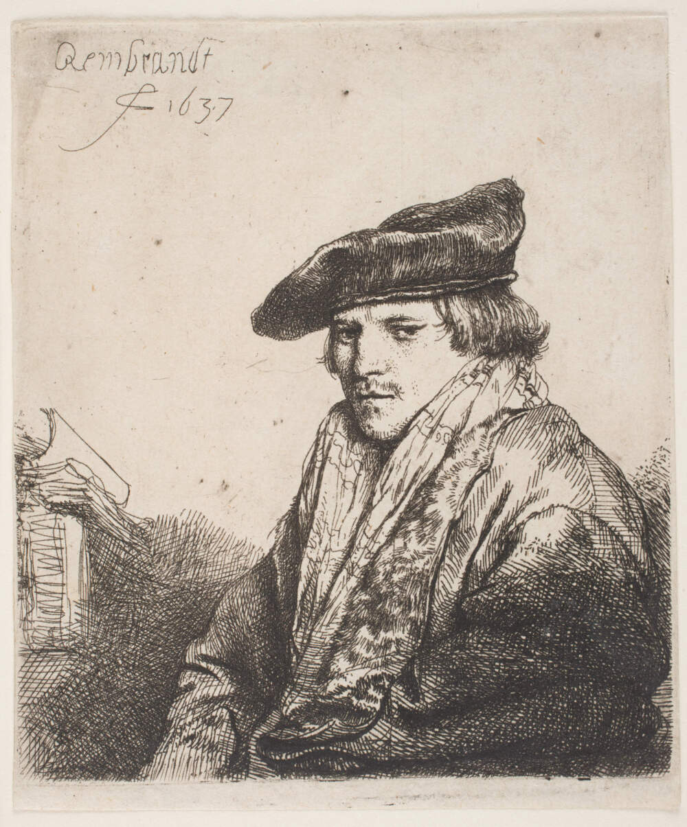 Rembrandt van Rijn, &quot;A Young Man In A Velvet Cap,&quot; 1637, etching on cream laid paper. From Mrs. Kingsmill Marrs Collection. (Courtesy Museum Boijmans Van Beuningen, Rotterdam and Worcester Art Museum)