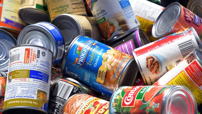 Canned goods collected as a part of more than 42,000 pounds of donations received by the Stockton Emergency Food Bank in 2017. More than 70 percent of the steel used to make metal food containers is from recycled metal; if the supply of recycled metal to the food-processing industry is interrupted, the price of canned goods will increase.