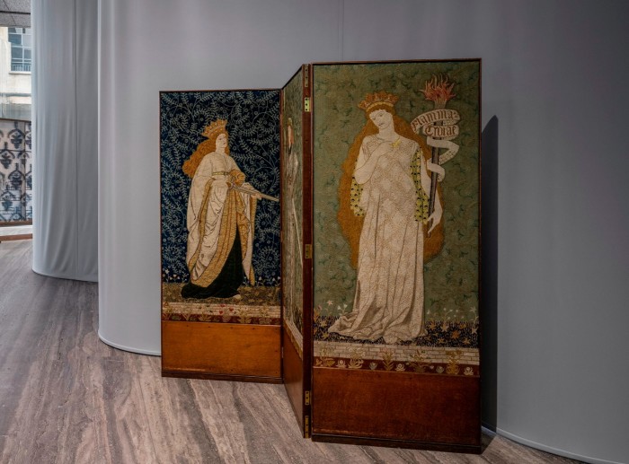 A screen by William Morris depicting his wife Jane Morris (foreground) and her sister Elizabeth Burden