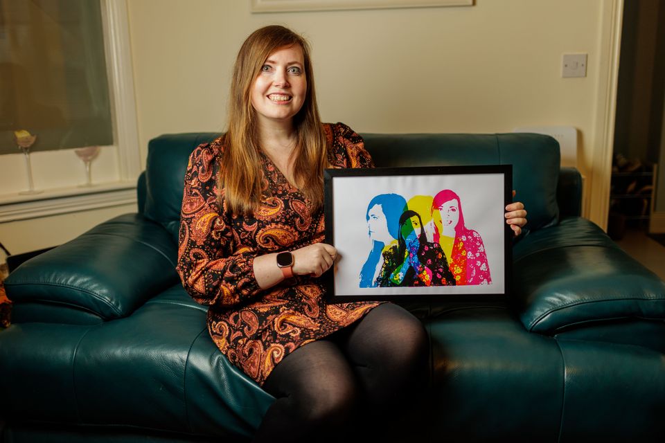 Artist Lisa Callaghan, with a screen print based on self portraits. Photo: James Connolly